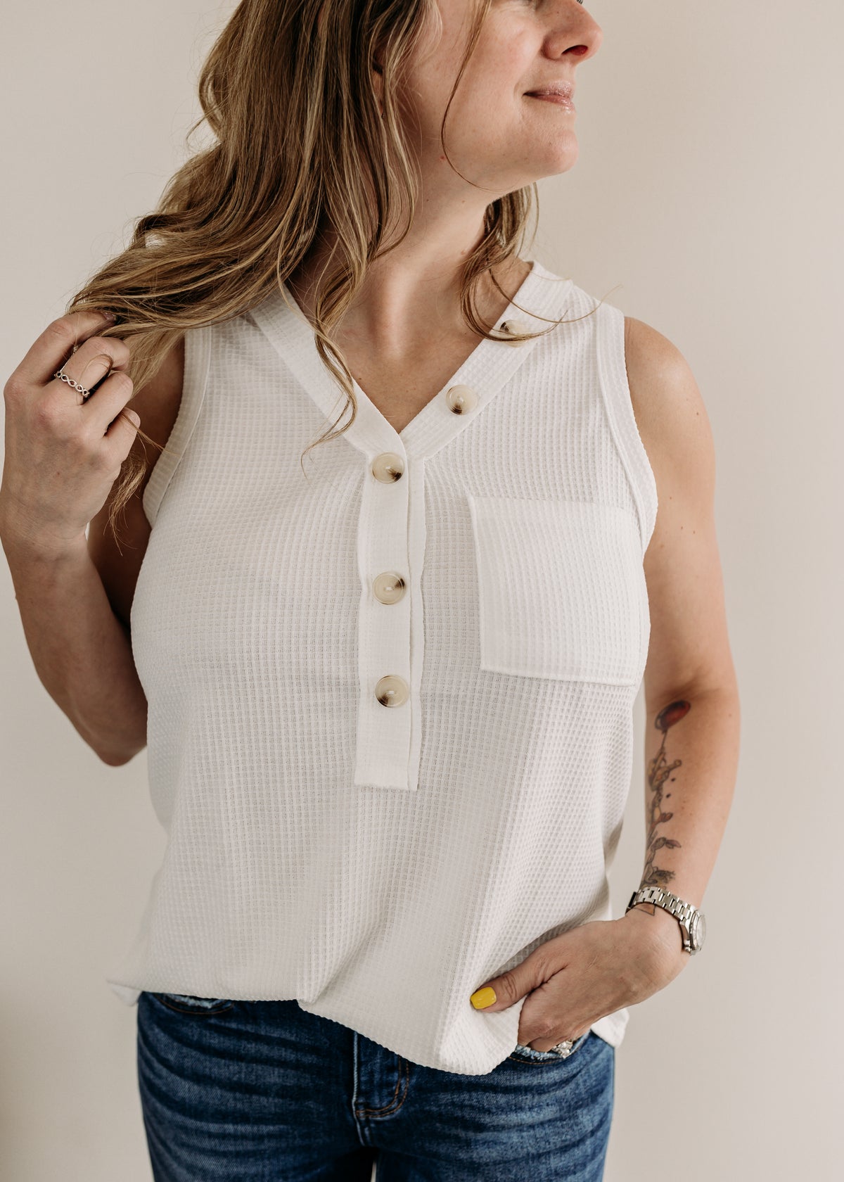 Sleeveless Waffle Top w/Button Detail
