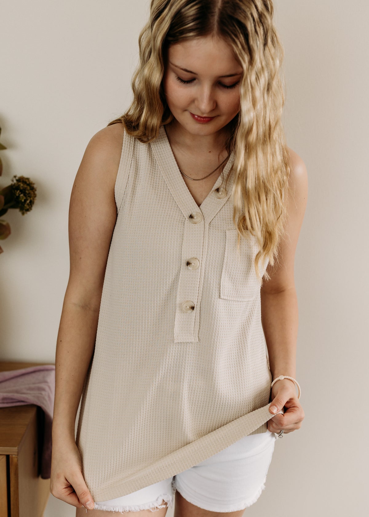 Sleeveless Waffle Top w/Button Detail