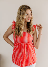 Ruffle Sleeve Tie Back Gingham Top