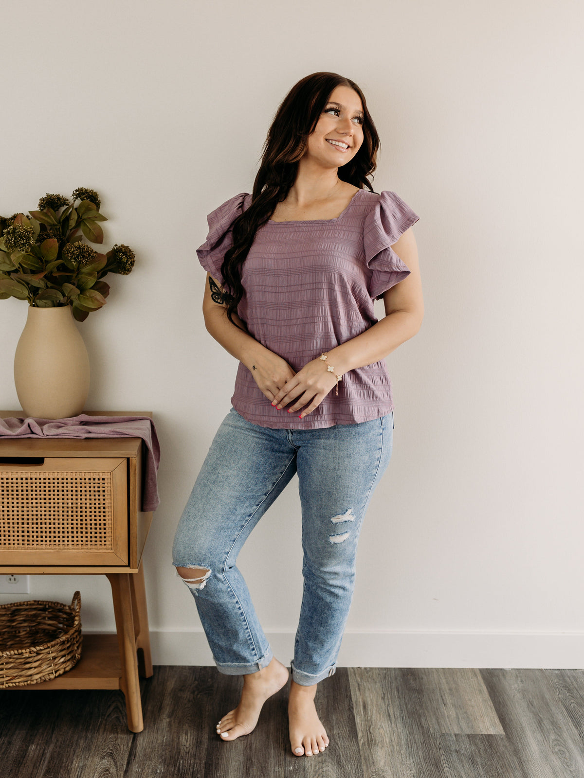Textured Ruffle Sleeve Blouse