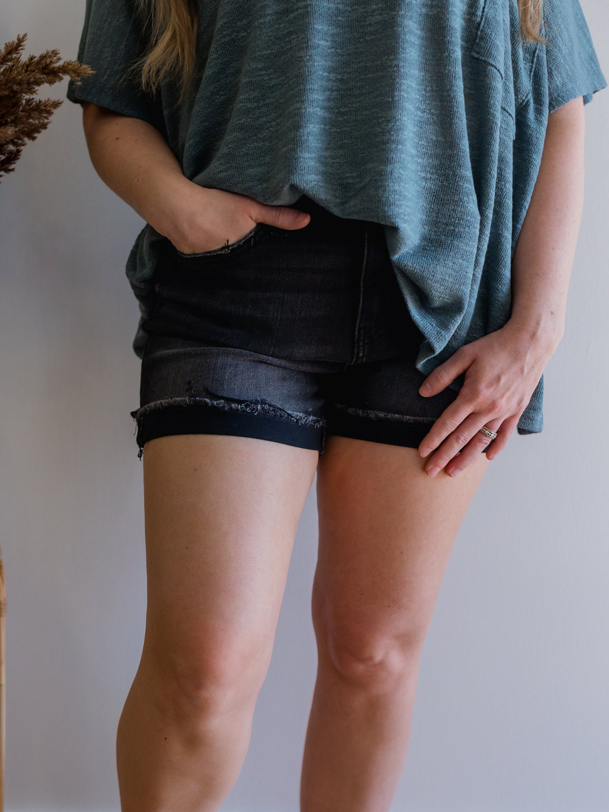 Washed Black Cuffed Raw Hem Denim Shorts
