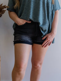 Washed Black Cuffed Raw Hem Denim Shorts