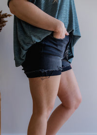 Washed Black Cuffed Raw Hem Denim Shorts