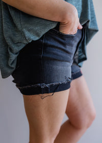 Washed Black Cuffed Raw Hem Denim Shorts