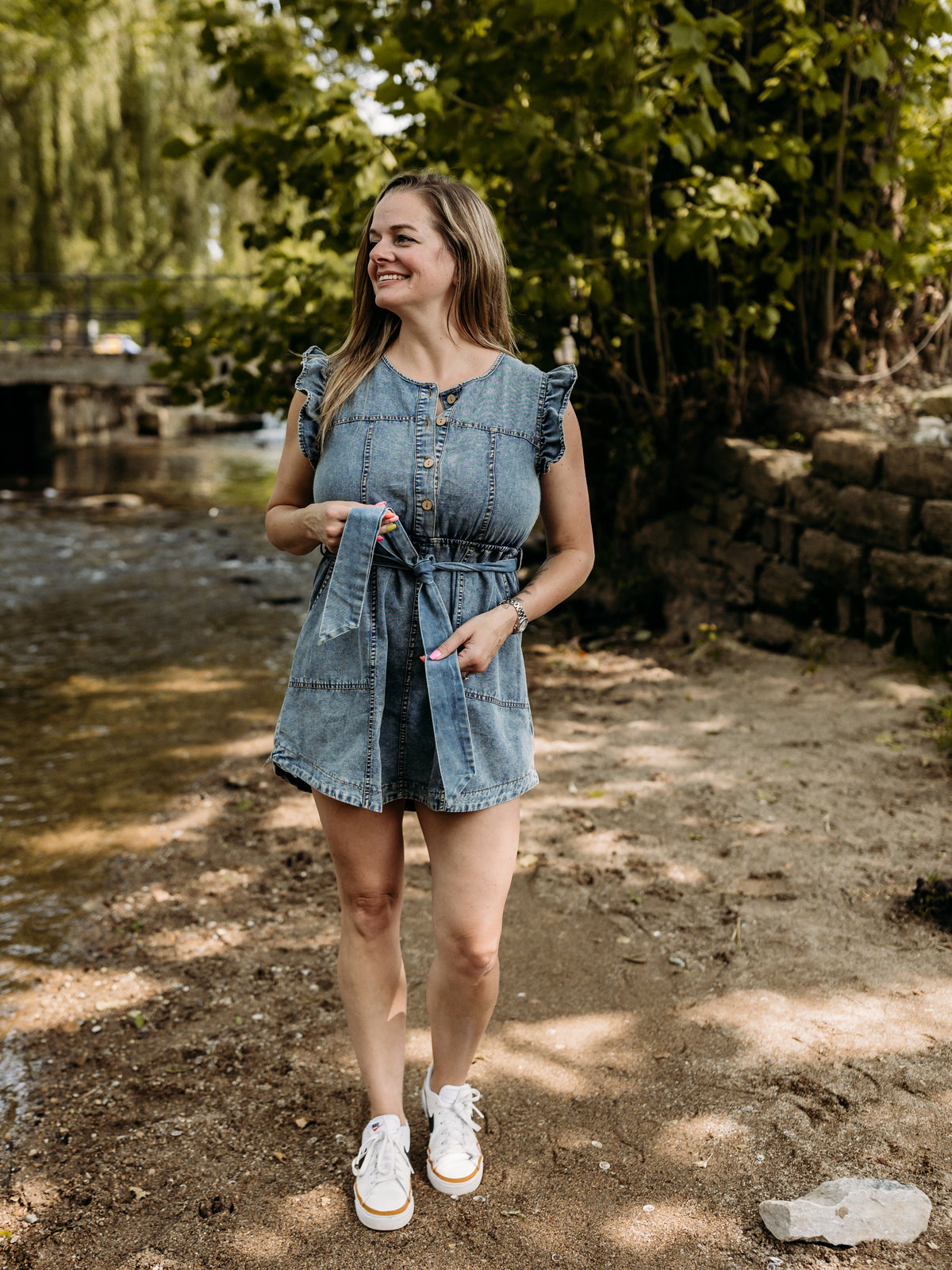 Chambray Ruffle Detail Dress - Indigo