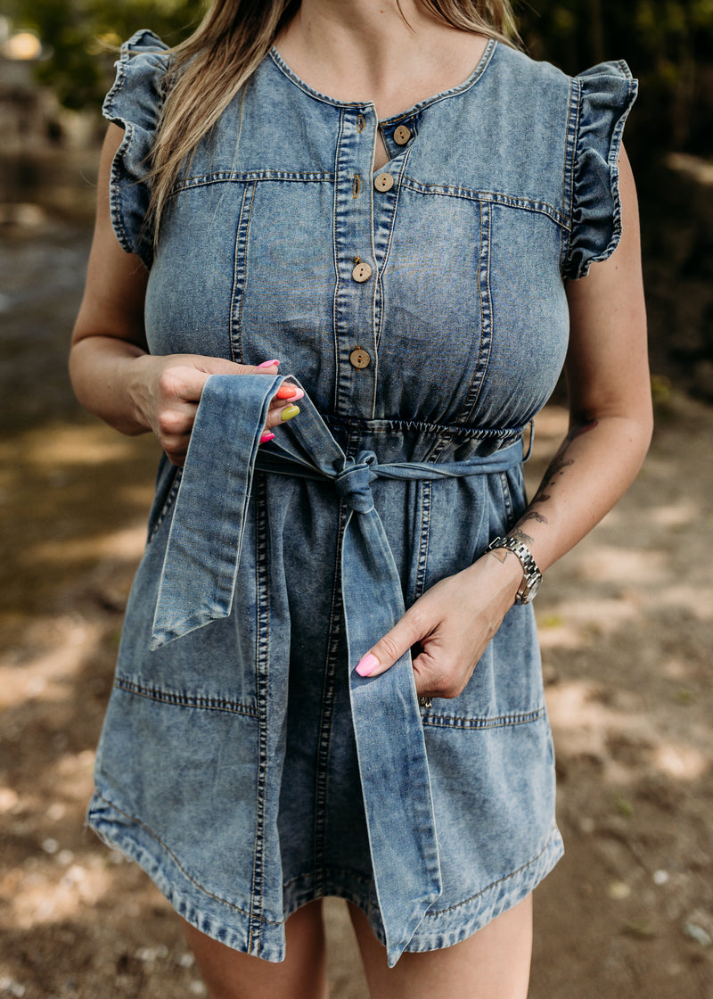 Chambray Ruffle Detail Dress - Indigo