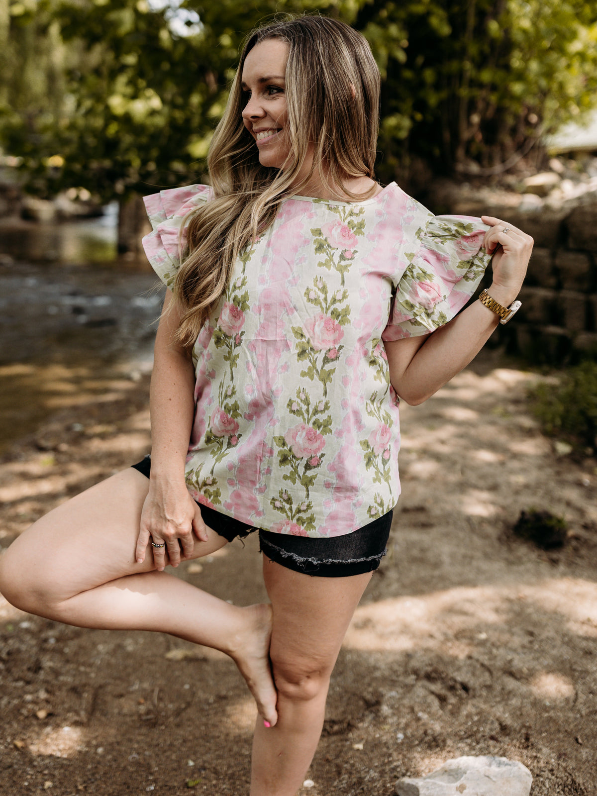 Floral Print Striped Ruffle Top
