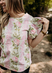 Floral Print Striped Ruffle Top