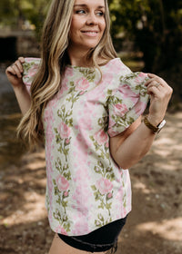 Floral Print Striped Ruffle Top