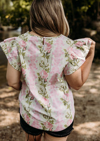 Floral Print Striped Ruffle Top