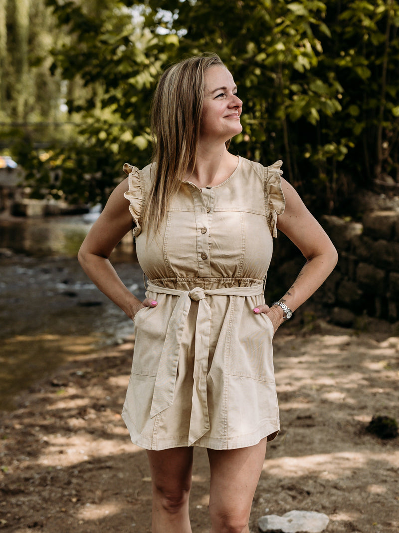 Chambray Ruffle Detail Dress - Beige