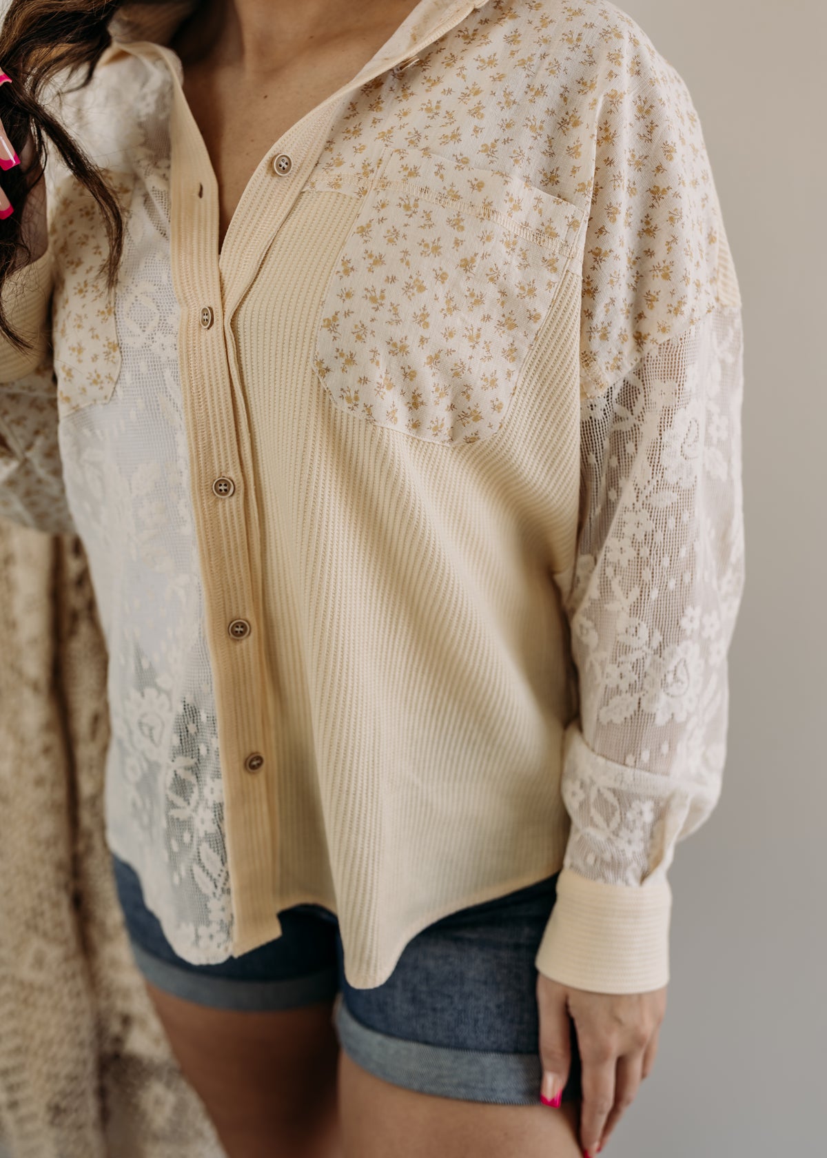 Contrast Knit & Lace Shacket