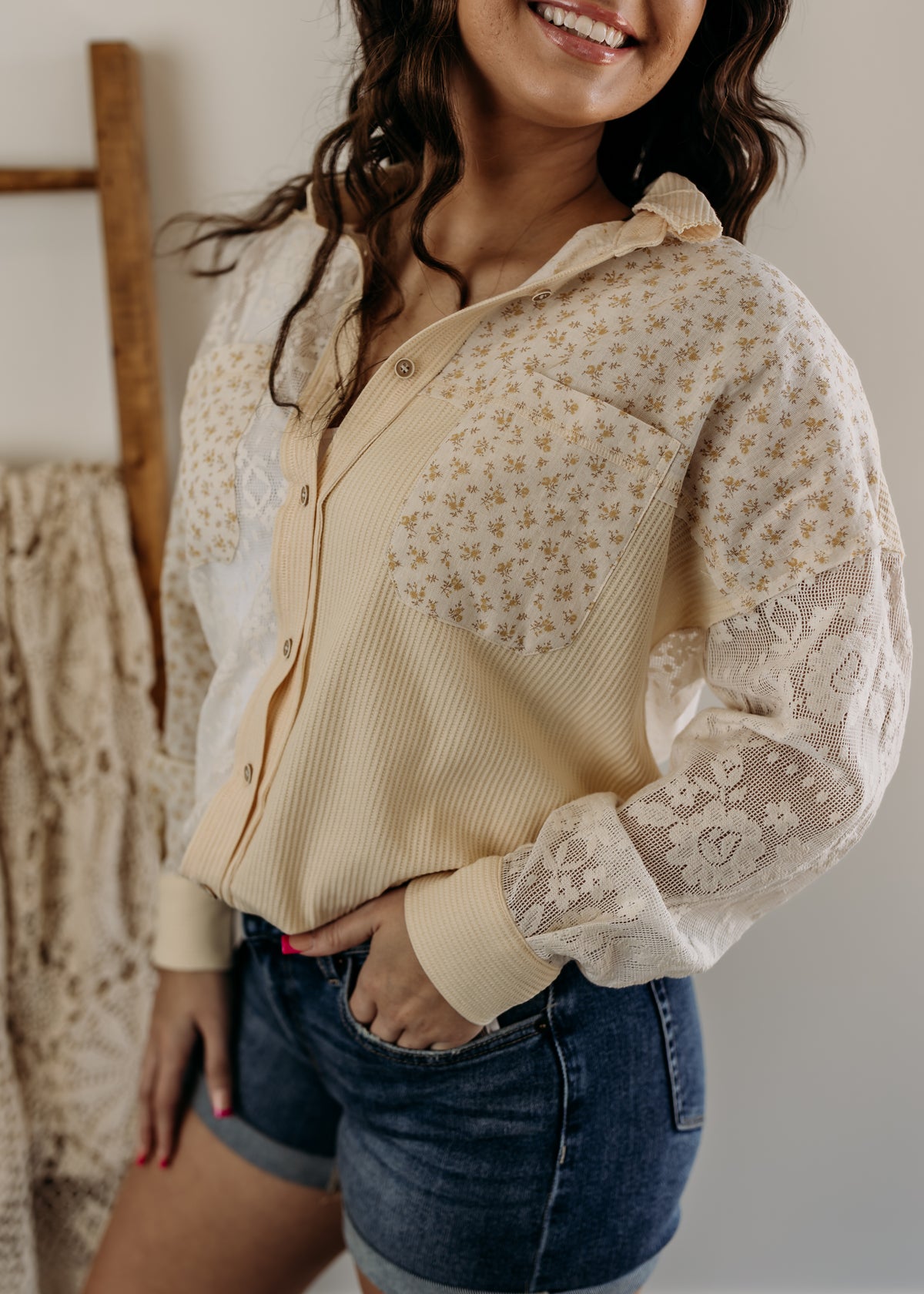 Contrast Knit & Lace Shacket