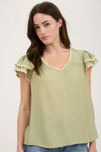 V-Neck Wavy Trim Ruffle Sleeve Top