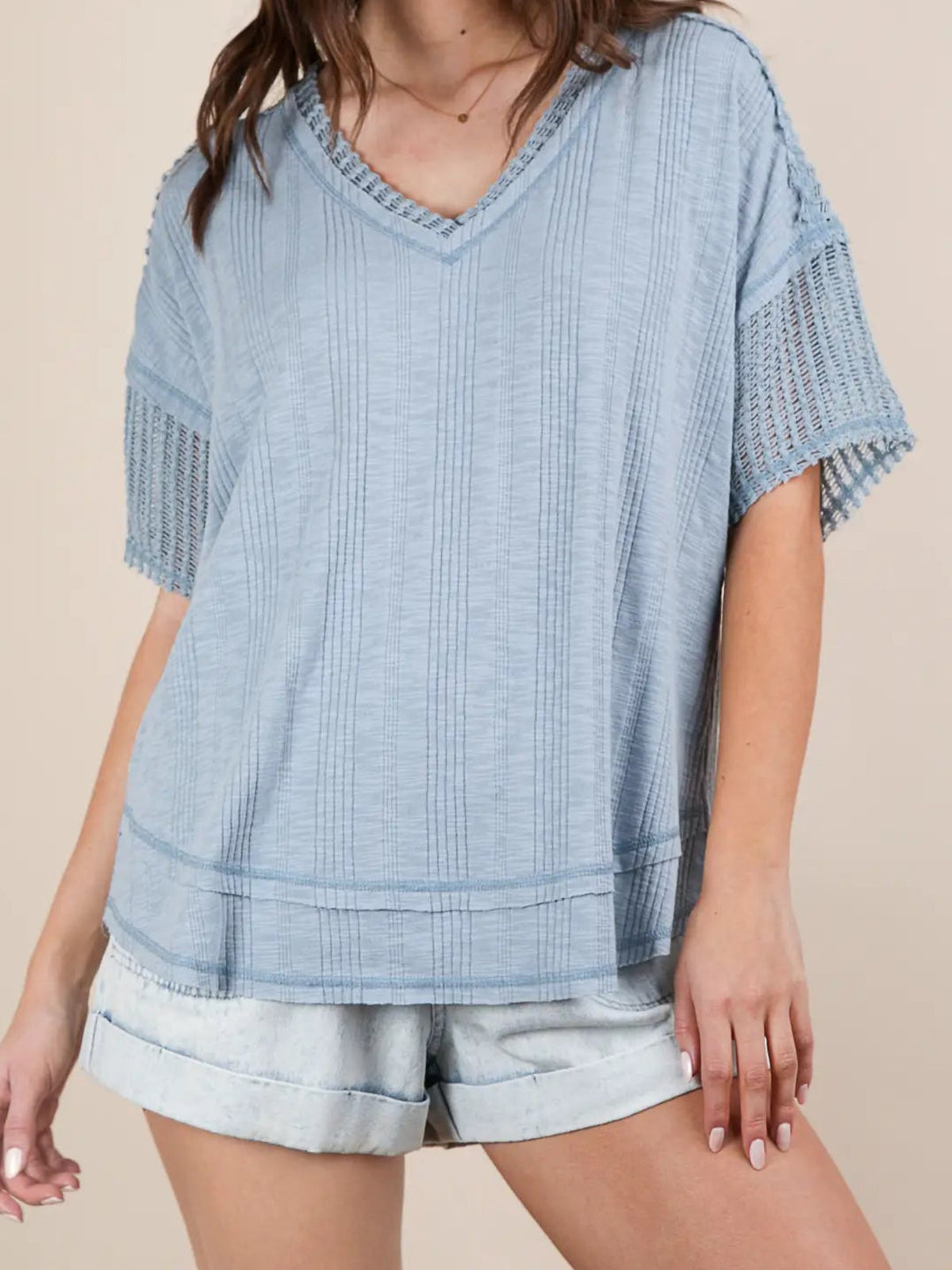 Contrast Comfy Casual Top - Sky