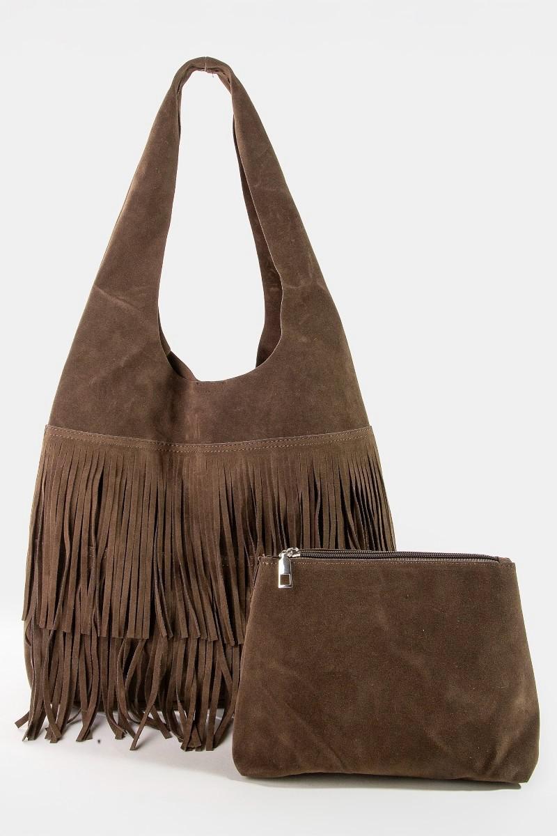 Fringe Detail Suede Hobo Bag