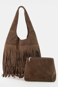 Fringe Detail Suede Hobo Bag