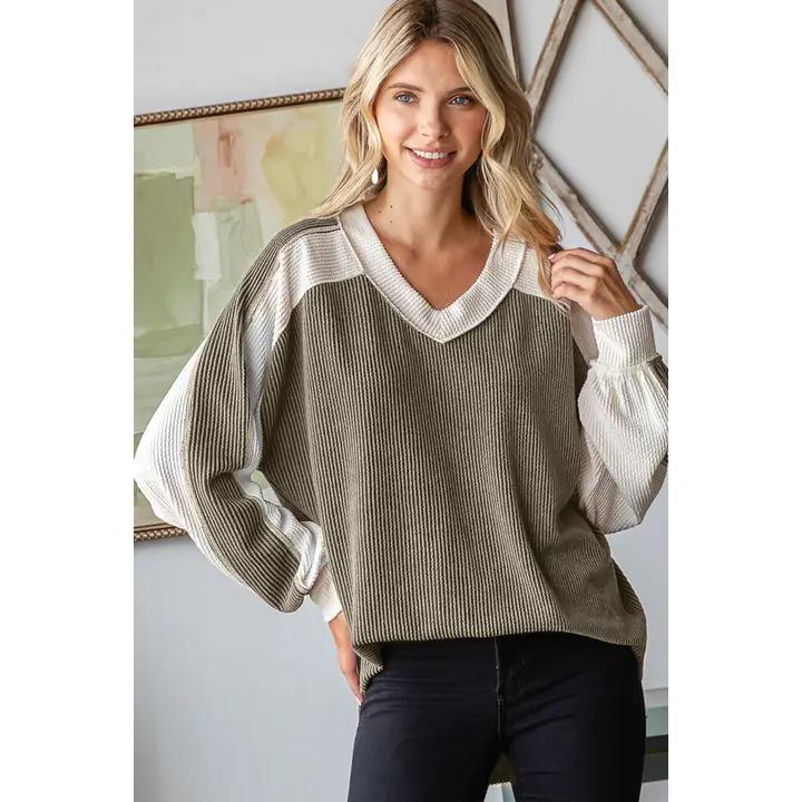 V-Neck Color Block Top - Olive