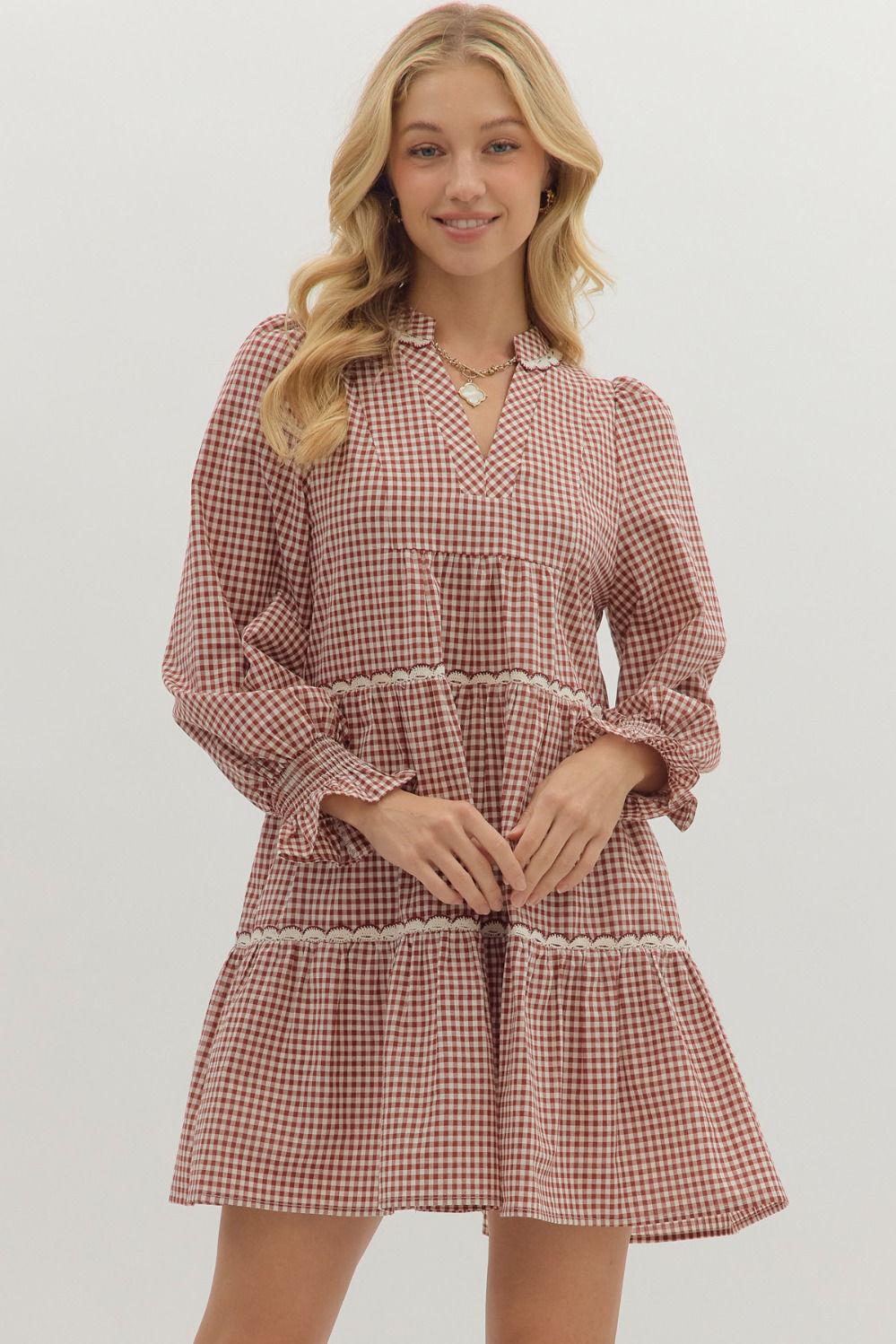 Gingham V-Neck Mini Dress - Burgundy