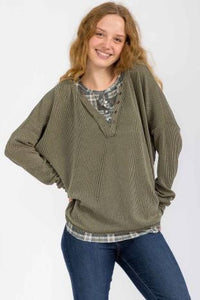 Rib Top w/ Plaid Trim - Olive