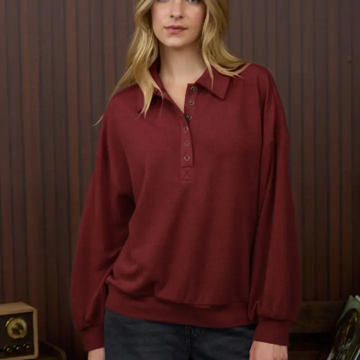Collared Button Long Sleeve - Deep Red