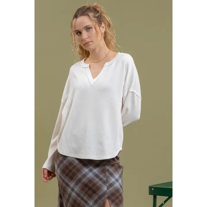 Solid Notch Knit Top - Cream