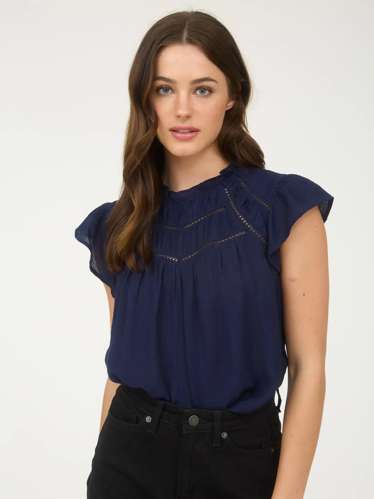 Lace Trim Ruffle Blouse - Navy