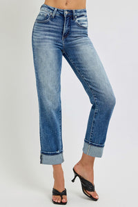Plus Tummy High Rise Crop Straight Roll Up Jeans