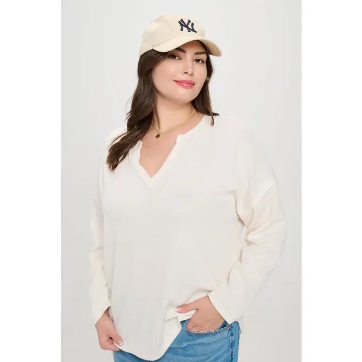 Plus Solid Notch Knit Top - Cream