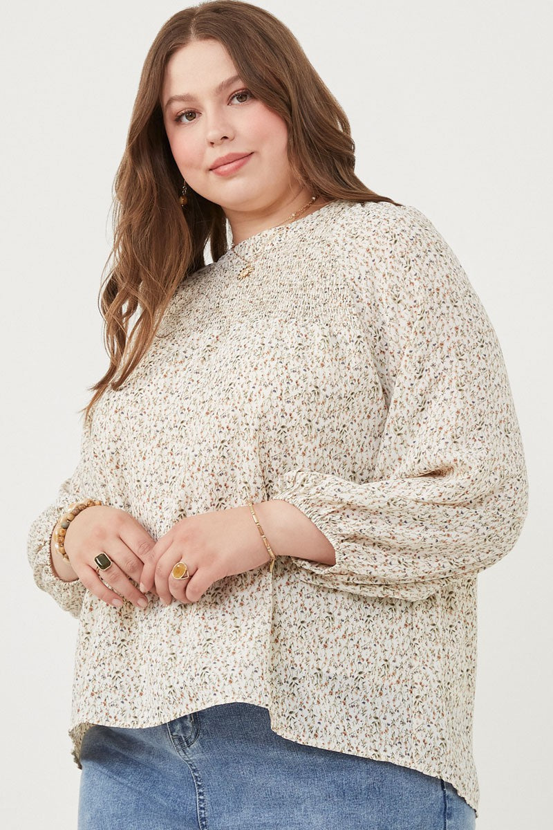 Plus Ditsy Print Smocked Top