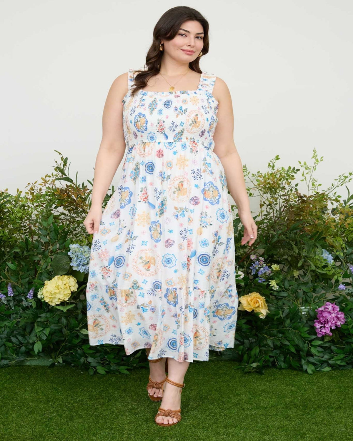 Plus Smocked Sleeveless Fruit Print Dress