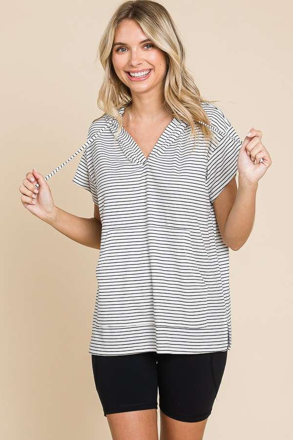 Plus Short Sleeve Striped Hoodie