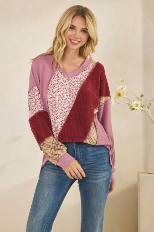 Patchwork V-Neck Long Sleeve - Mauve