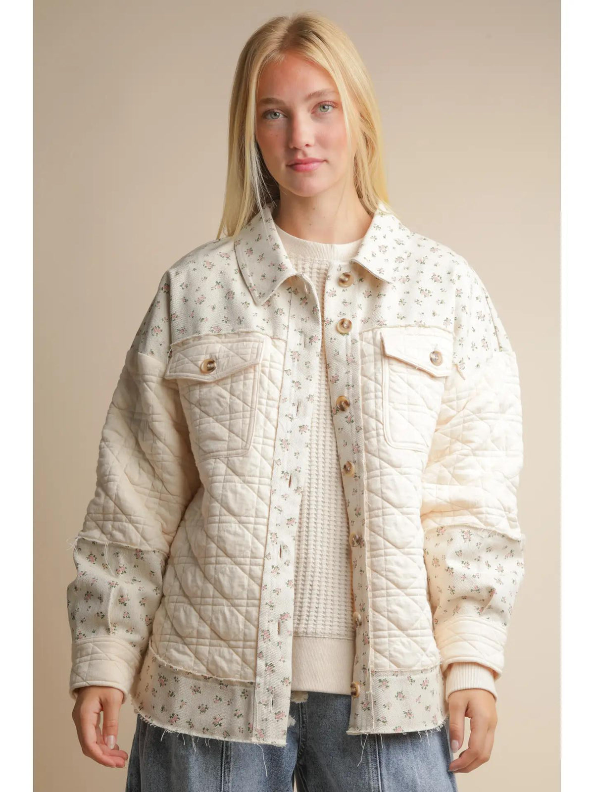 Floral Printed Cotton Jacket - Cream