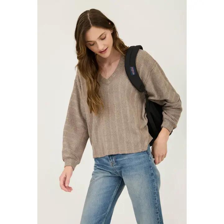 V-Neck Knit Long Sleeve - Taupe