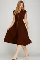 Front Zip Corduroy Midi Dress - Wine
