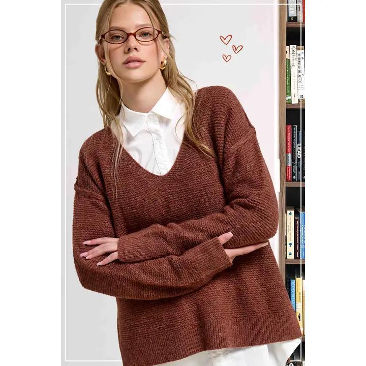 High-Low V-Neck Sweater - Russet