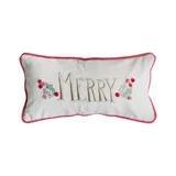 Embroidered Merry Pillow w/ Pom Poms