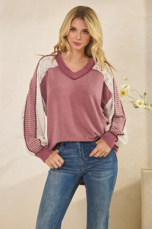Contrast Sleeve V-Neck Top - Marsala