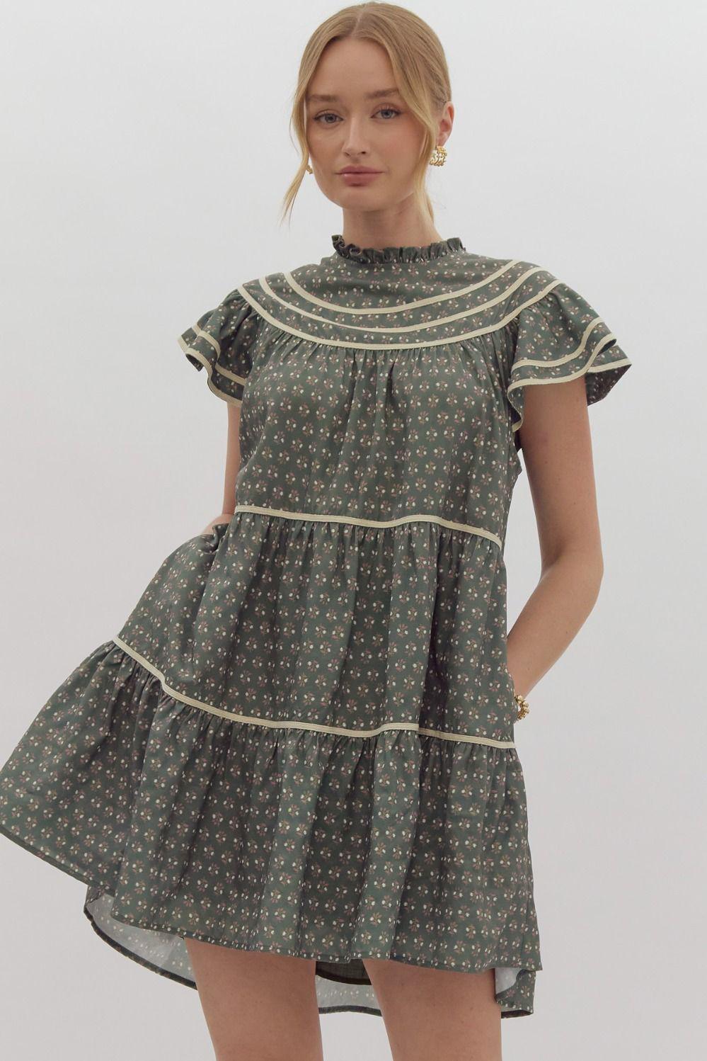 Floral Print Ruffled Dress - Olive