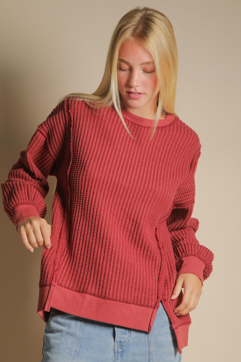 Oversized Waffle Top - Burgundy