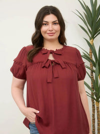Plus Scallop Trim Front Tie Blouse
