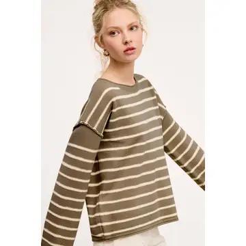Striped Loose Fit Long Sleeve Sweater - Wheat