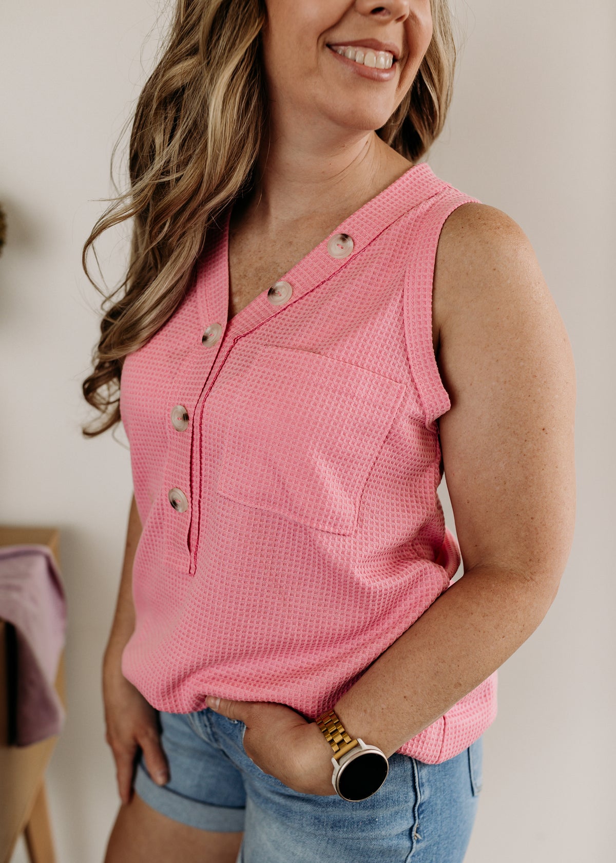 Sleeveless Waffle Top w/Button Detail