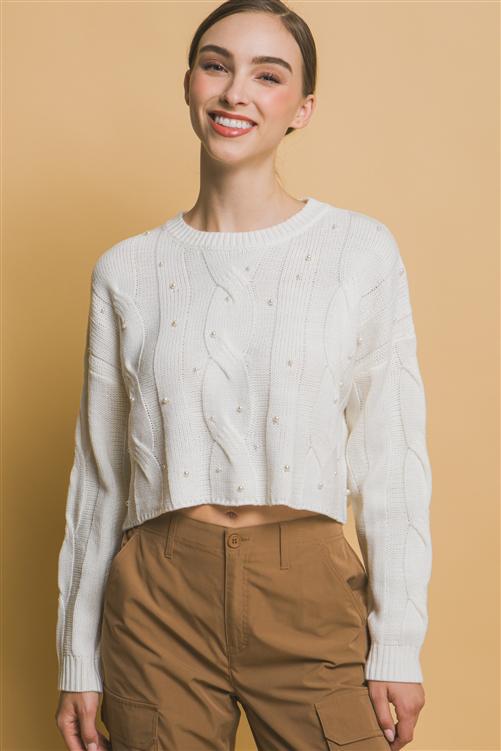 Cable Knit Pearl Sweater - Off White