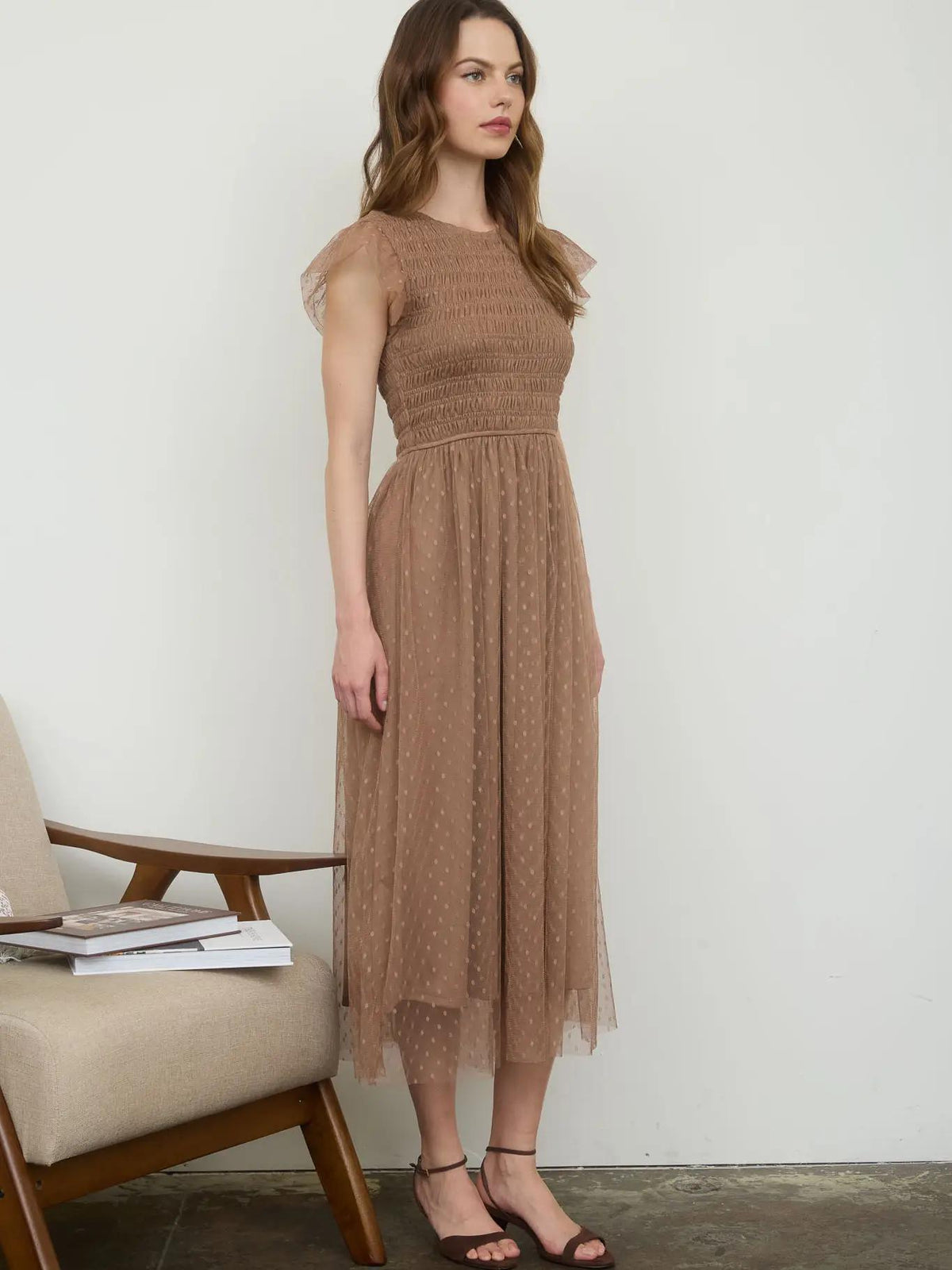 Polka Dot Chiffon Midi Dress - Mocha