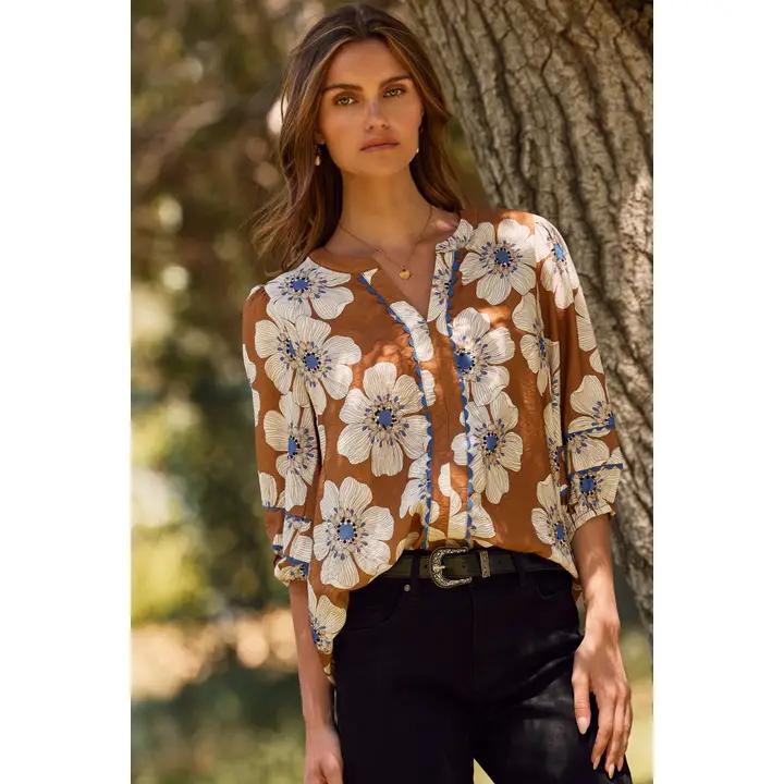 Plus Floral 3/4 Sleeve Blouse - Taupe
