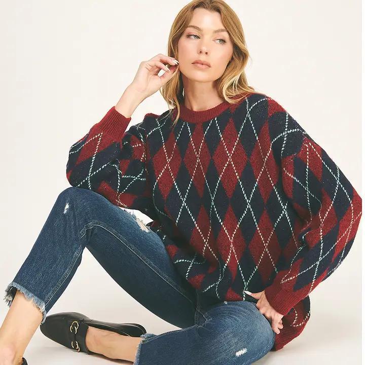Checkered Crewneck Pullover - Navy/Burgundy