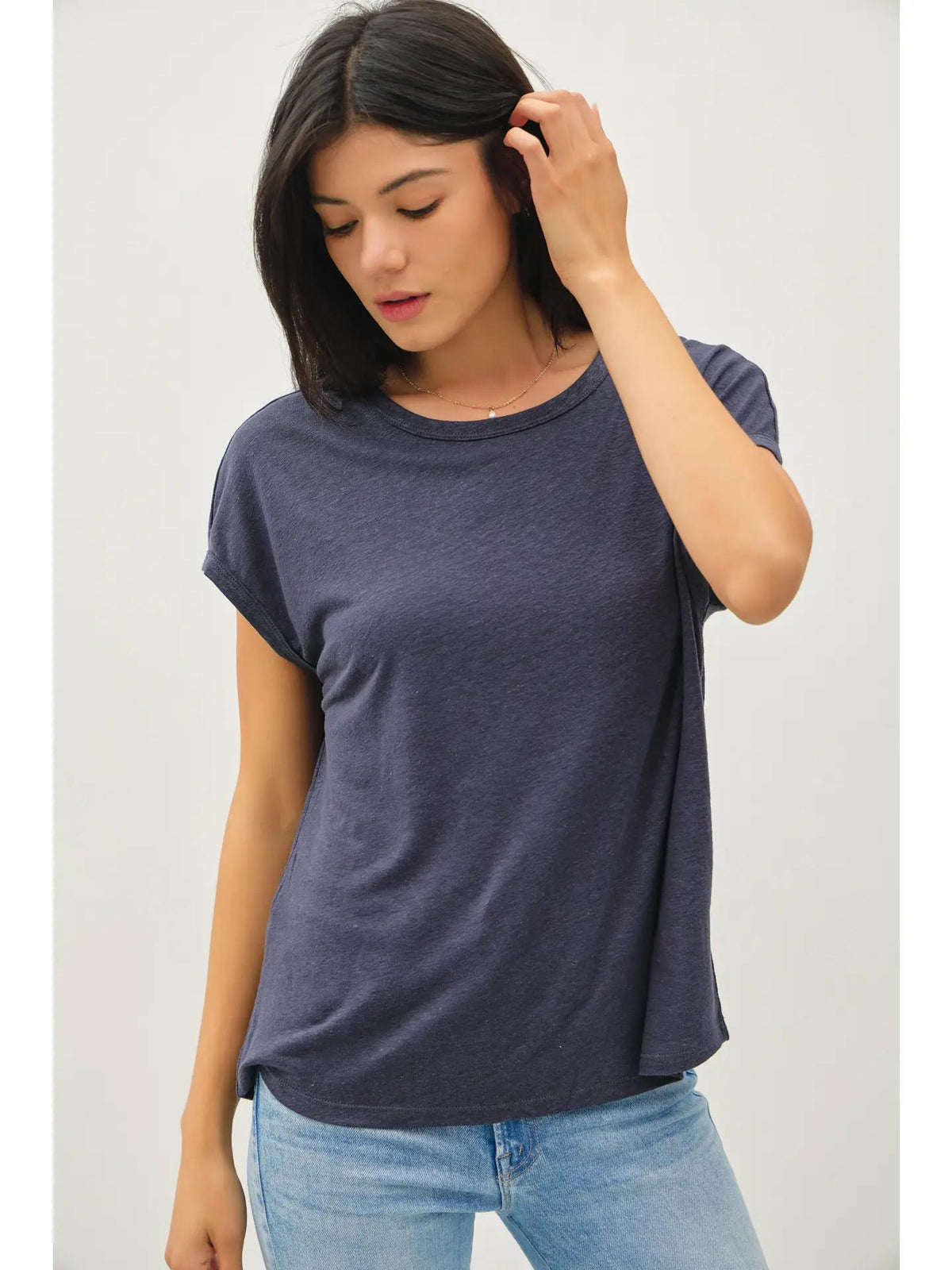 Linen Basic Cap Sleeve Tee - Charcoal