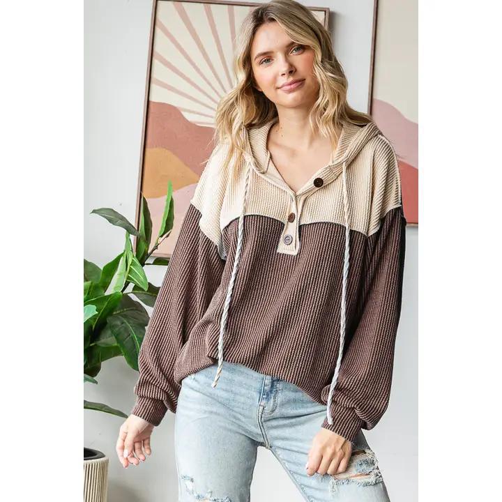 Ribbed Button Drawstring Hoodie - Brown